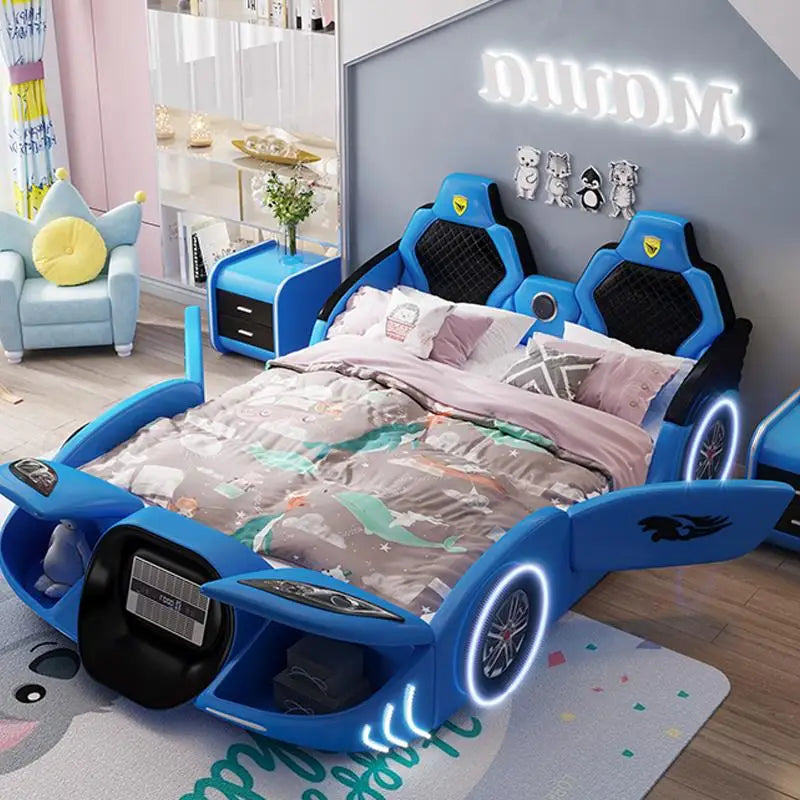 Lit pour enfant multicolore et charmant avec garde-corps, meubles de chambre à coucher en bois massif, lit pour enfants mignon en forme de voiture pour garçons et filles