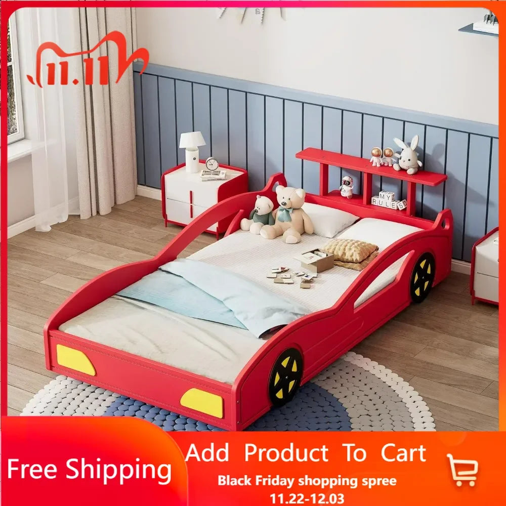 Cama de tamaño doble con forma de coche de carreras para niños, plataforma de madera roja con estantes de almacenamiento abiertos, barandillas de seguridad, no requiere somier