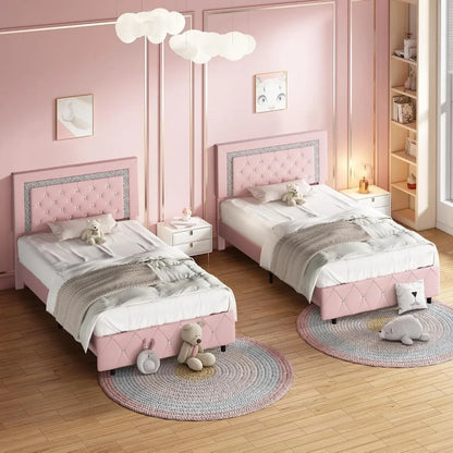 Twin Bed Frame, Pink Upholstered Bed Frame Twin Size with Diamond Tufted Headboard, Girls Twin Bed Frame