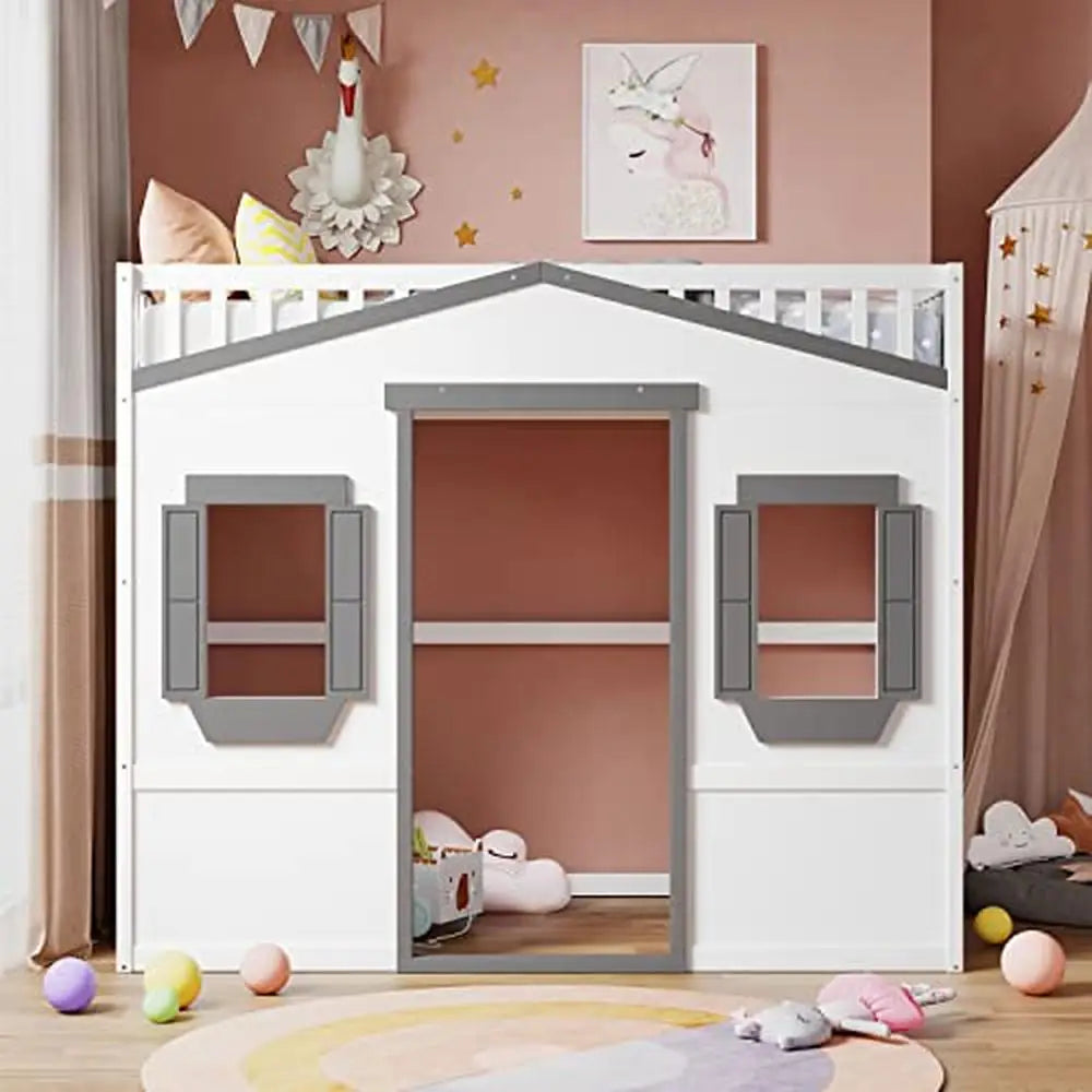 Twin Size Kids Playhouse Loft Bed Frame White Gray Window Ladder Solid Wood Sturdy Design Storage Space Modern Style Easy