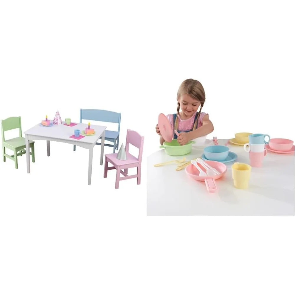 Table en bois avec banc et 2 chaises, multicolore, meuble pour enfants - pastel, cadeau pour les 3-8 ans