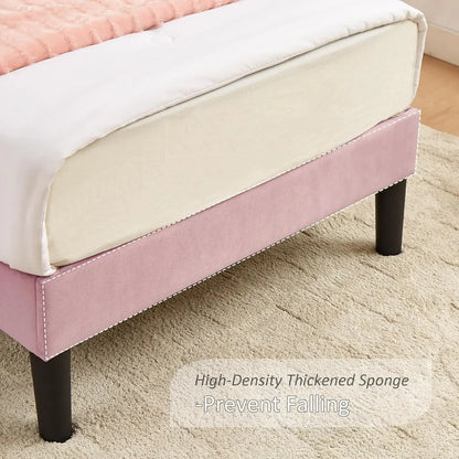 Twin Size Bed Frame Upholstered with Headboard, Strong Platform with Crown for Kids Girls, Wooden Slats Support, No Box