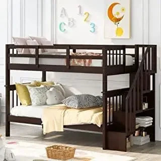 Twin Over Twin Bunk Bed with Stairs, Solid Wood Bunk Bed Frame with Storage for Kids Teens Adults Bedroom Dorm, Children Beds