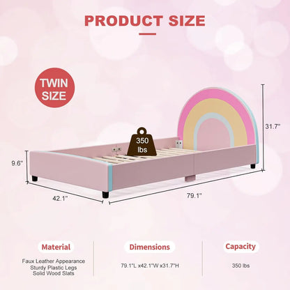 Twin Bed Frames for Kids, Princess Upholstered Girls Twin Platform Bed with Rainbow Headboard, Solid Wood Slats, No Box Spring N