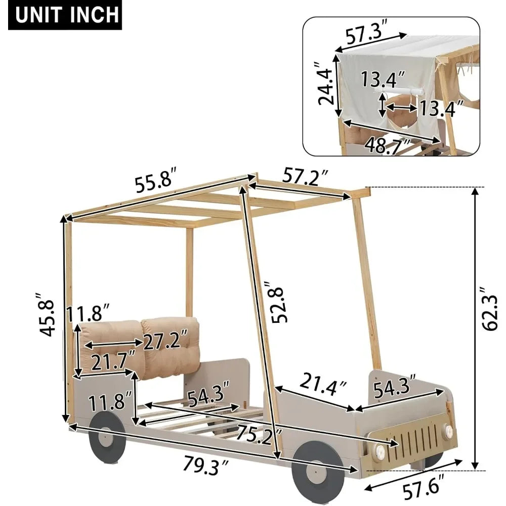 Race Car Bed Platform Bed with Pillow,Ceiling Cloth and LED Light,Wood Bed Frame W/Magazine Storage Rack,for Kids Children Beds