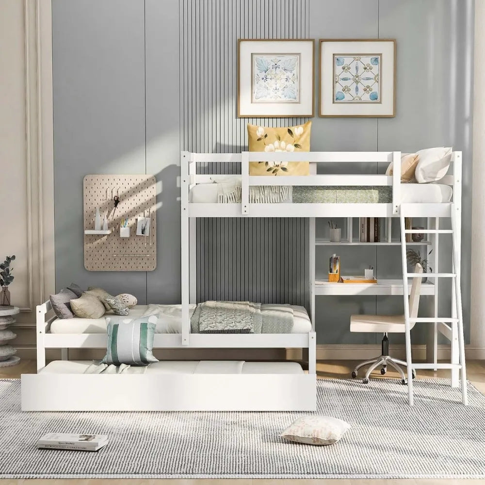 Twin Over Twin Bunk Bed, with Convertible Built-in Desk and Down Bed, No Box Spring Required, Loft Bed with Trundle and Ladder