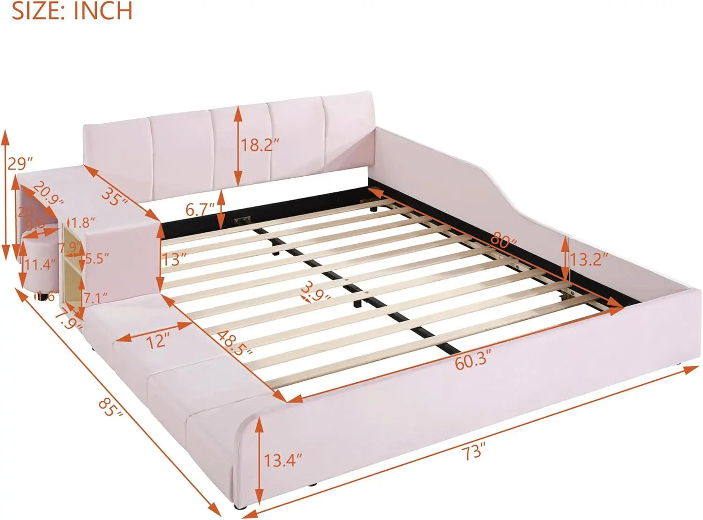 Cama Queen tapizada Softsea con plataforma para madre e hijo, mesita de noche y taburete redondo pequeño, tela de terciopelo