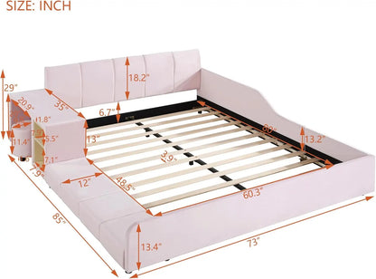 Lit Queen rembourré Softsea, lit plateforme pour mère et enfant avec table de chevet et petit tabouret rond, tissu velours