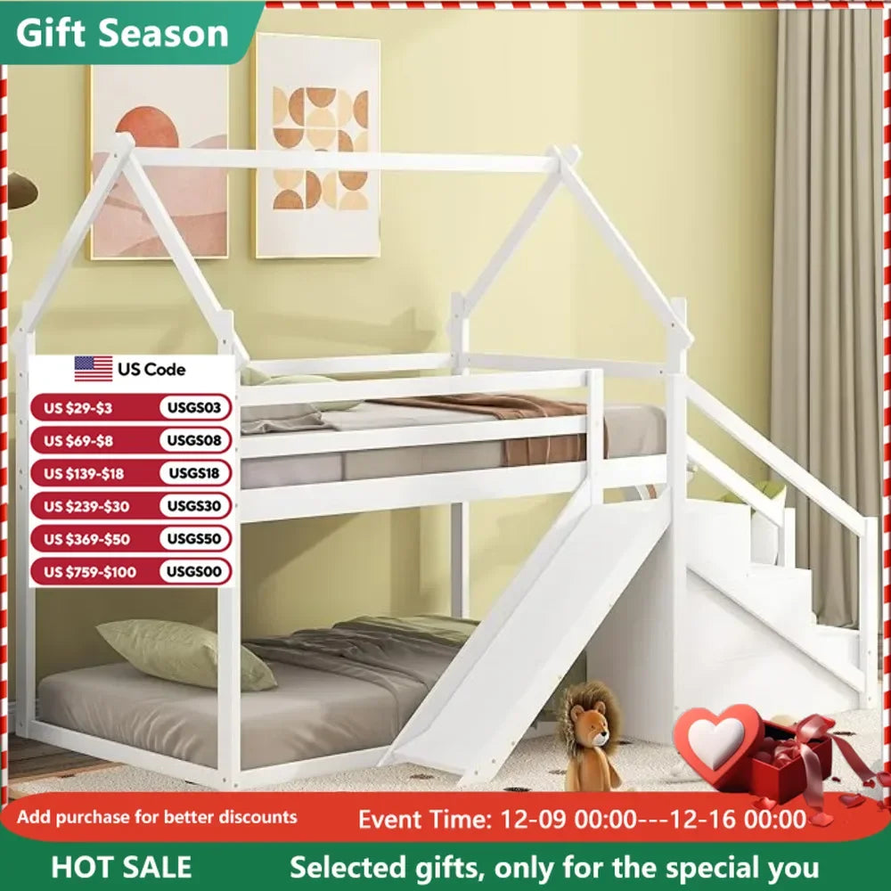 Twin Over Twin House Bunk Bed with Slide and Staircase, Solid Wood Loft/Bunk Bed Frame with Safety Guardrails for Kids