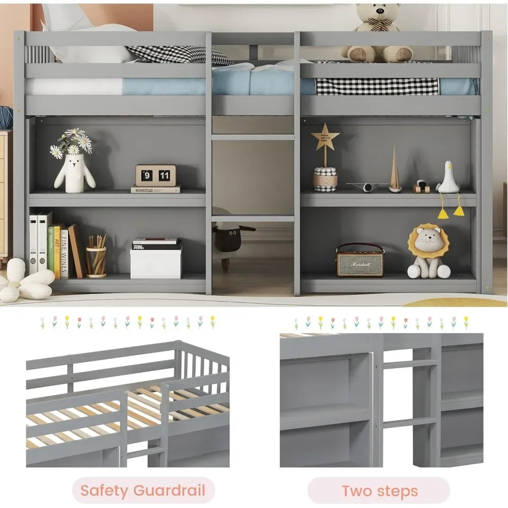 Lit mezzanine bas pour deux personnes avec étagères de rangement, lit mezzanine double en bois pour enfants avec lumière LED et étagères, lit mezzanine bas pour enfants