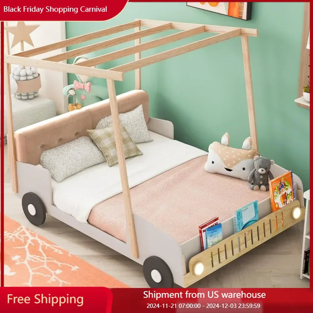 Race Car Bed Platform Bed with Pillow,Ceiling Cloth and LED Light,Wood Bed Frame W/Magazine Storage Rack,for Kids Children Beds