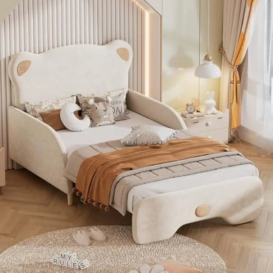 Marco de cama tamaño Twin XL para niños, sofá cama tapizado abovedado extensible con cabecera y pie de cama en forma de oso para niños y niñas