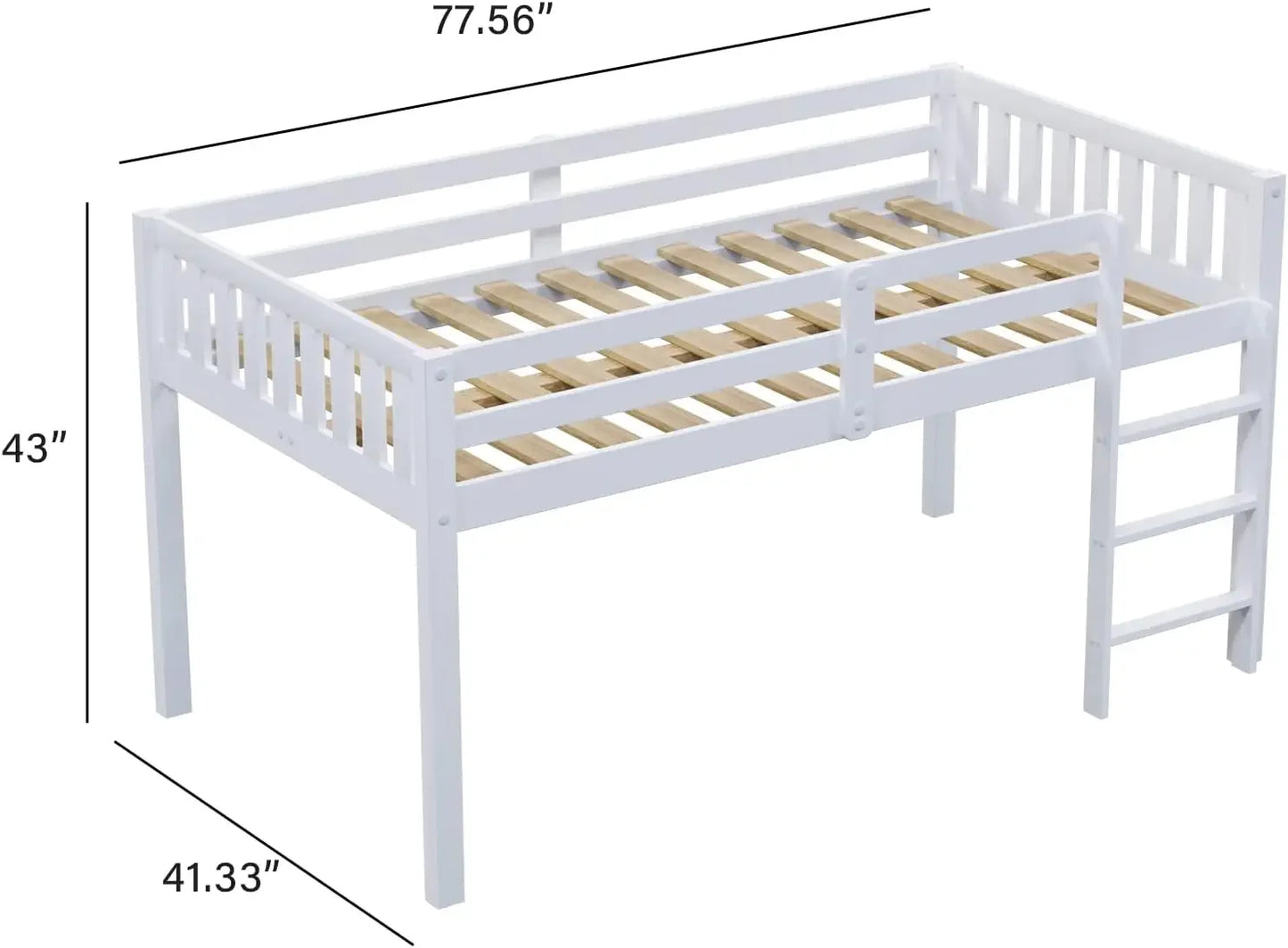 Lit mezzanine simple avec cadre de lit bas pour petits enfants, petite chambre/plafond bas avec garde-corps et échelle, blanc