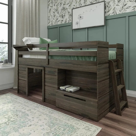 Cama alta tamaño twin, cama alta baja de madera maciza con cajón de almacenamiento y escalera, cama alta moderna de estilo rústico para niños, color marrón madera de granero