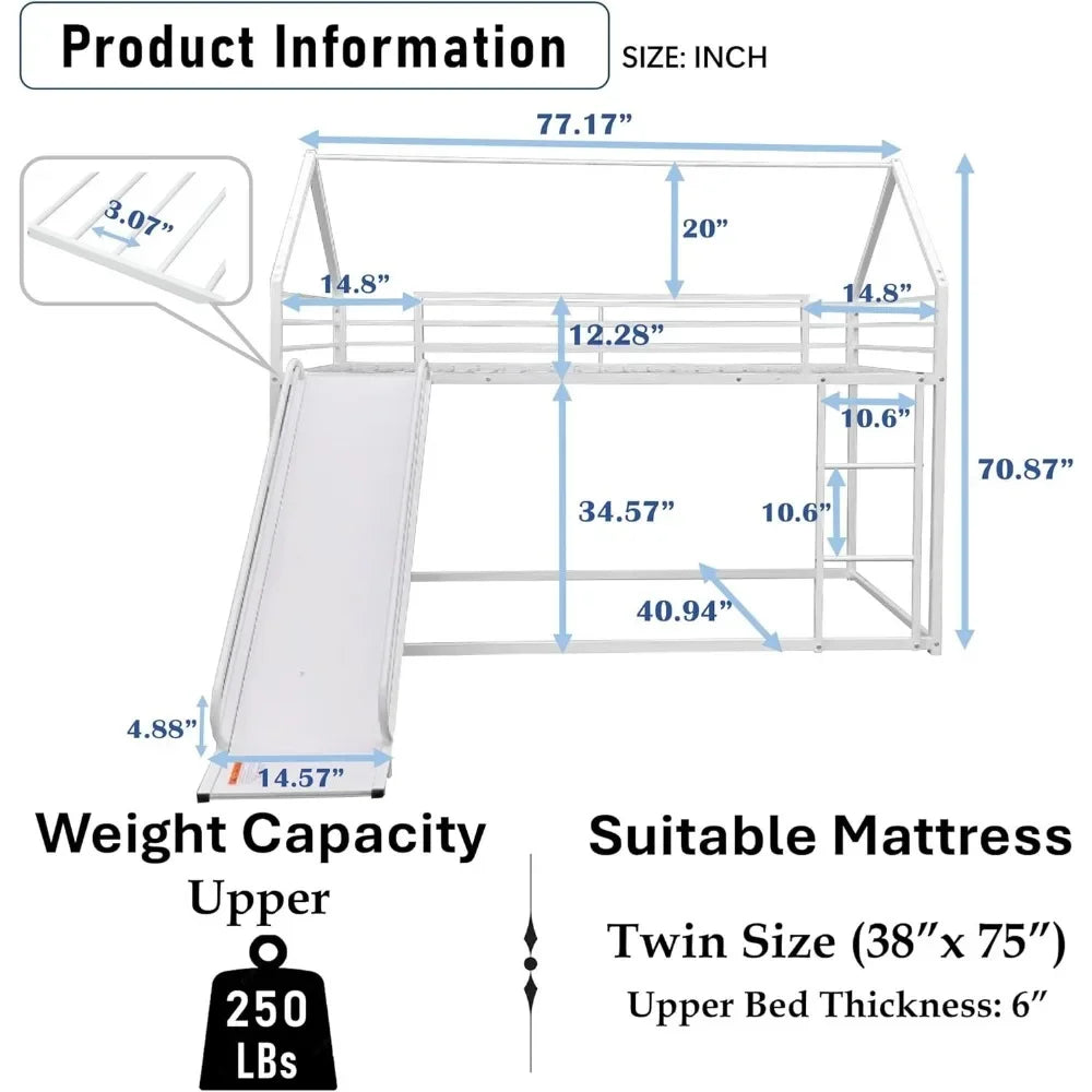 Twin Over Twin Metal Bunk Bed with Slide and Roof Design for Kids,Girls, Boys,House Shaped Bunk Bed Frame,No Box Spring Required