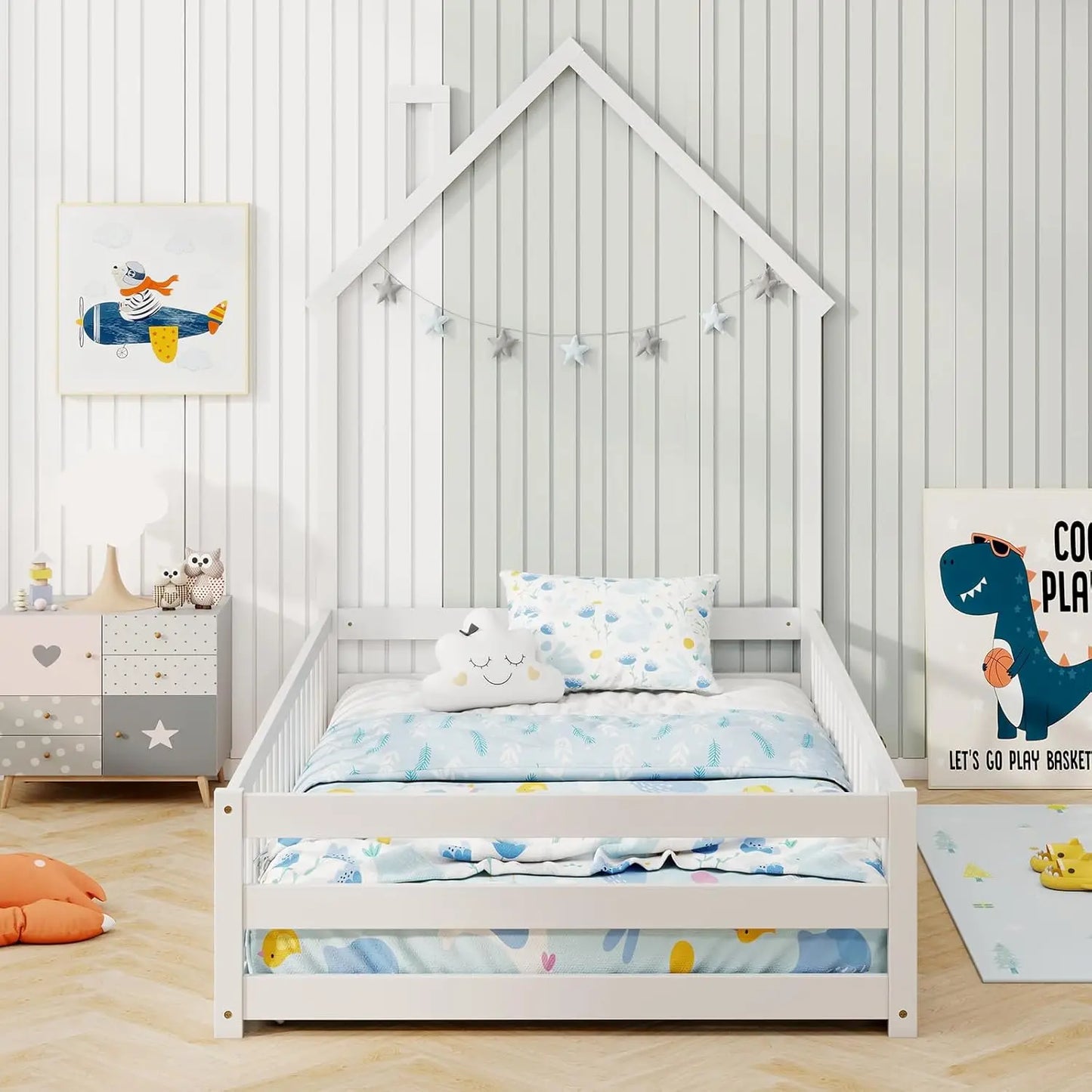 Twin Floor Bed, House-Shaped Montessori Bed Frame with Headboard, Full-Length Guardrail, Chimney & Solid Wood Structure, Without