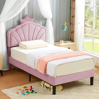 Twin Size Bed Frame Upholstered with Headboard, Strong Platform with Crown for Kids Girls, Wooden Slats Support, No Box Spring N