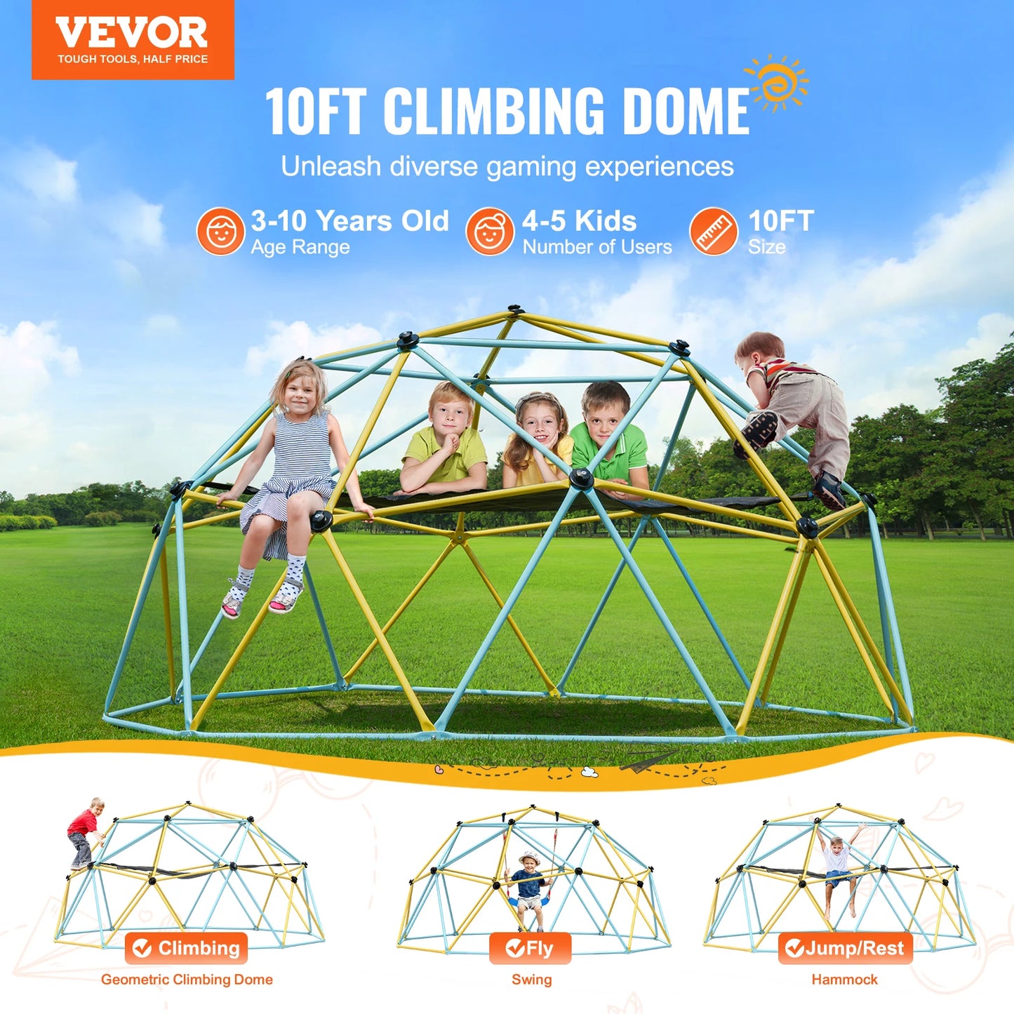 VEVOR Climbing Dome 6/8/10/12FT Geometric Dome Climber Hammock Swing Jungle Gym Climbing Grip Outdoor Backyard Play Equipment