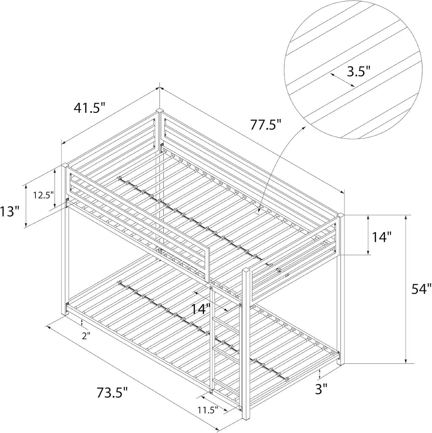 Litera de metal Miles Low para niños, con escalera incorporada, barandilla alta y listones de metal, litera inferior para cama de piso, color blanco