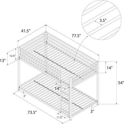 Litera de metal Miles Low para niños, con escalera incorporada, barandilla alta y listones de metal, litera inferior para cama de piso, color blanco