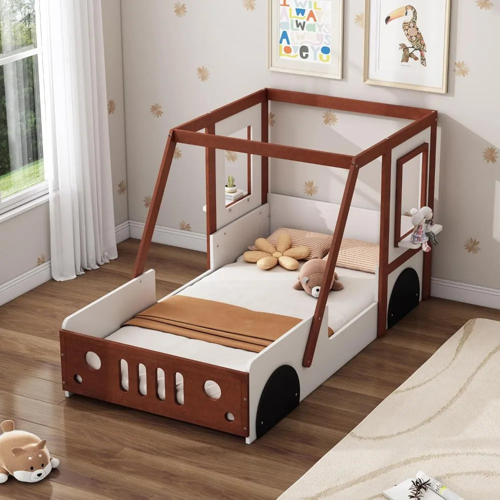 Twin Size Car Bed Frame for Kids,Wood Floor Bed,Twin Platform Bed with Wheels&Door Design,Fun Play Twin Bed for Boys Girls Kids