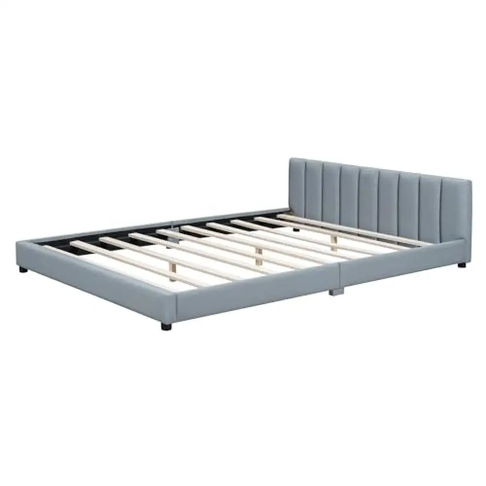 Cama moderna para madre e hijo tapizada en piel sintética tamaño Queen Twin XL con listones de madera en color gris, no necesita somier, fácil instalación