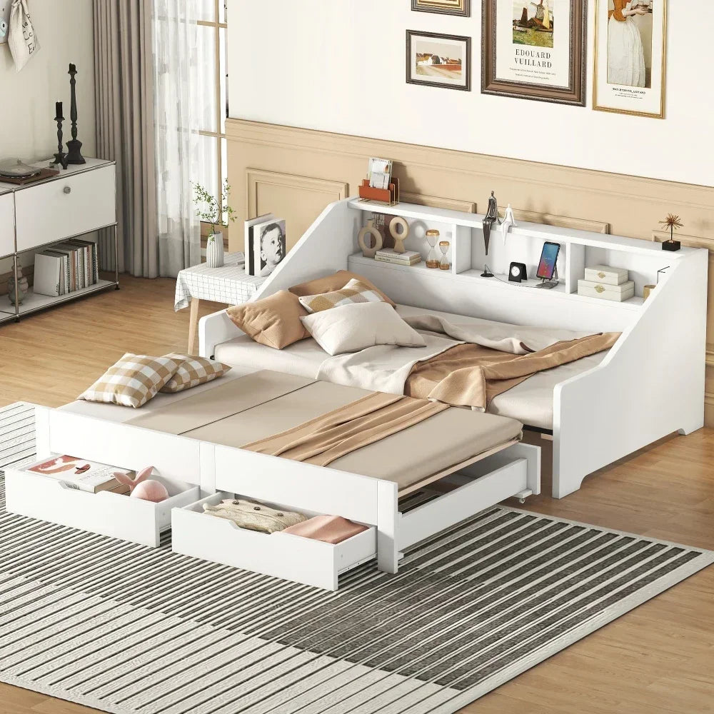 Cama de día tamaño king con dos camas individuales, estanterías de almacenamiento, dos cajones, diseño de carga, cama blanca para niñas, muebles para niños, literas para niños