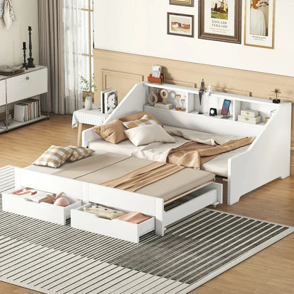 Cama de día tamaño king con dos camas individuales, estanterías de almacenamiento, dos cajones, diseño de carga, cama blanca para niñas, muebles para niños, literas para niños