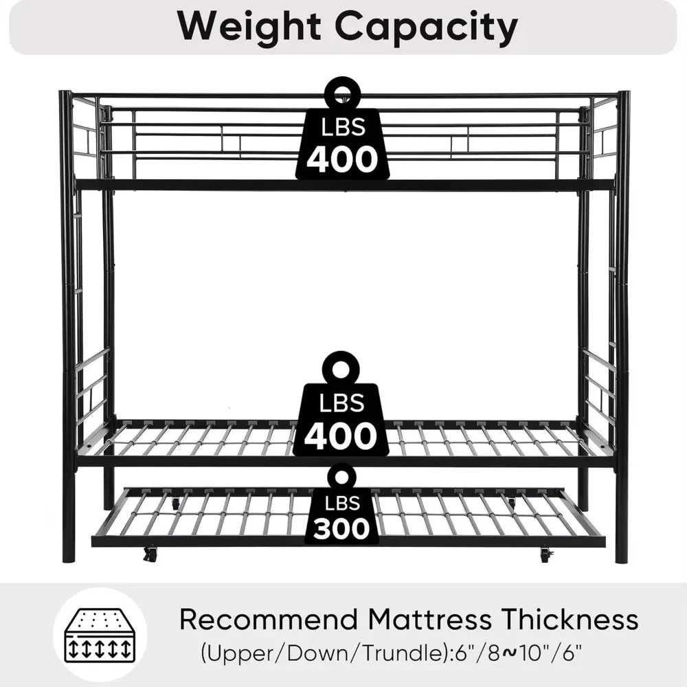 Twin Over Twin Bunk Bed with Trundle, Twin Bunk Beds for 3 Kids/Youths, Metal Bunkbed W/ 2 Ladders & Full-Length Guardrails