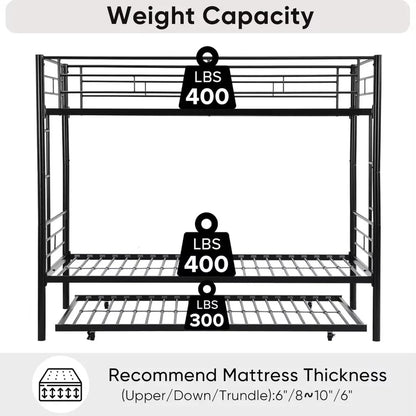 Litera doble sobre cama individual con cama nido, literas dobles para 3 niños o jóvenes, litera de metal con 2 escaleras y barandillas de longitud completa