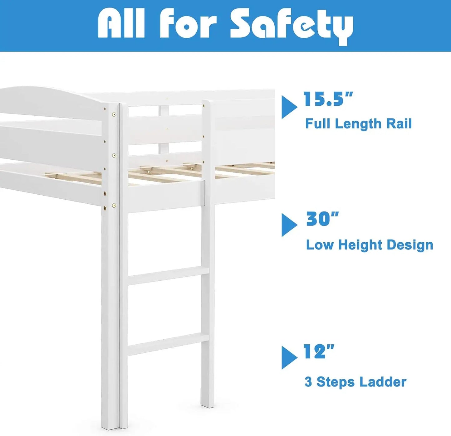 Twin Loft Bed, Solid Wood Low Loft Bed w/Guard Rail and Ladder, Boys & Girls Twin Bed for Kids Room, No Box Spring Needed, Class