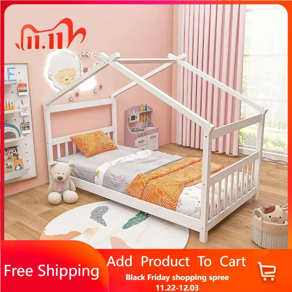 Cama infantil de madera maciza con techo, cabecero y pie de cama, estructura de cama doble de piso bajo para niños pequeños, adolescentes, niñas y niños