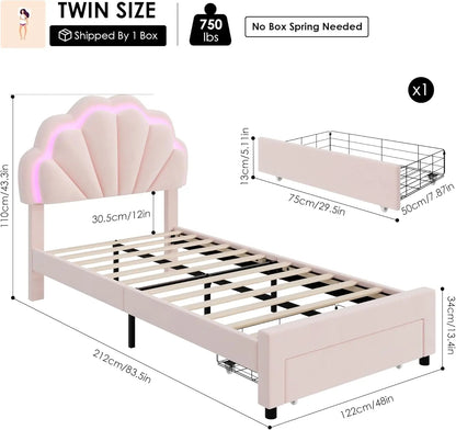 Cadre de lit double rembourré à LED intelligent avec tiroir de rangement et tête de lit réglable à double pétale chic, lit plateforme princesse pour G