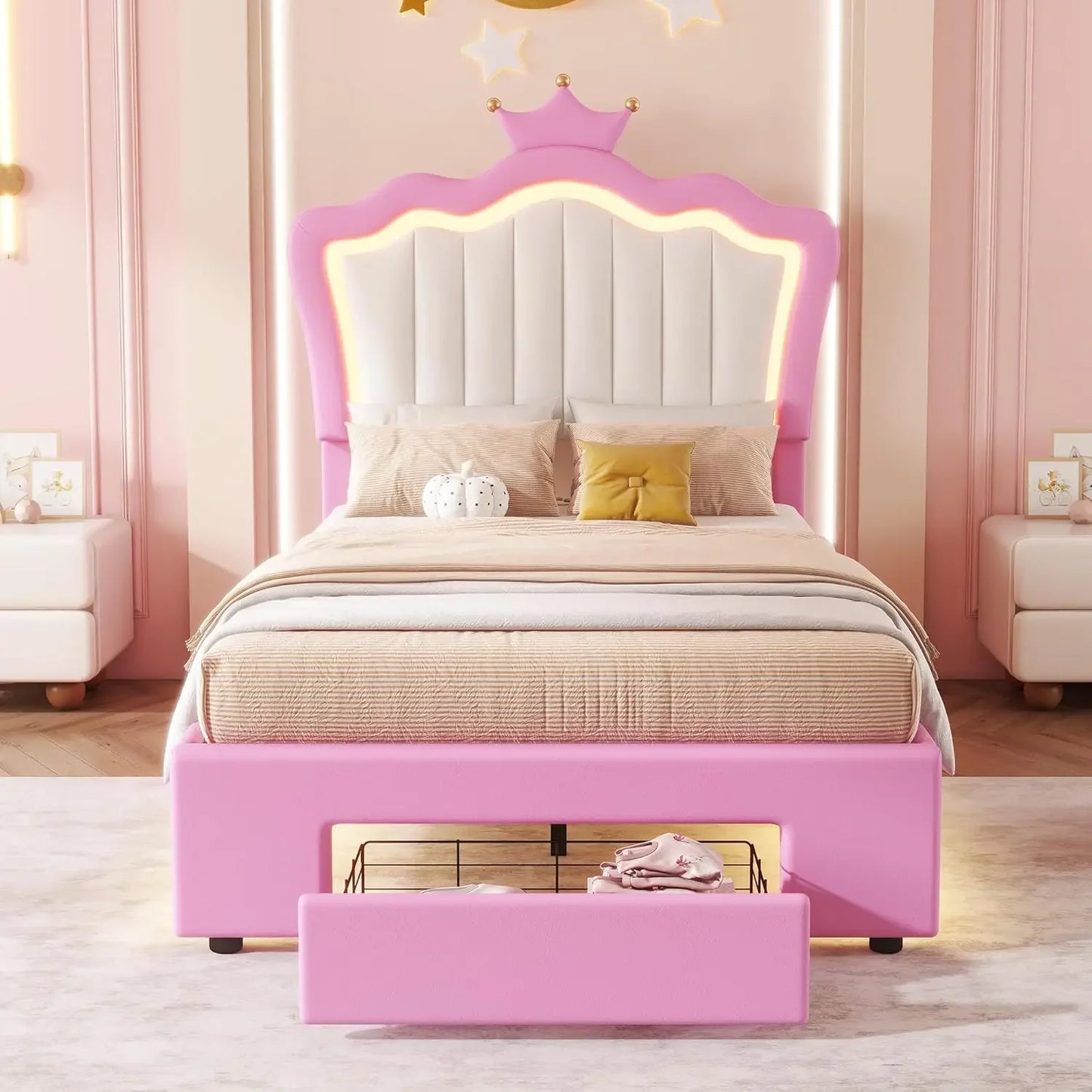 Twin Size Princess Bed with Storage Drawers for Girls,Cute Twin Size Bed Frame for Kids,Twin Upholstered Bed Frame with LE