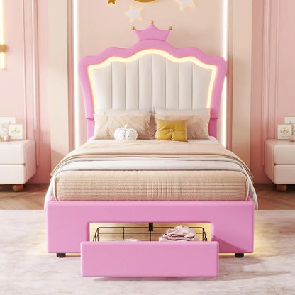 Cama de princesa de tamaño doble con cajones de almacenamiento para niñas, lindo marco de cama de tamaño doble para niños, marco de cama tapizado doble con LE