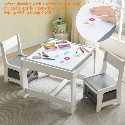 Table and Chair Set, 3 in 1 Wooden Activity Table with Storage Drawer for Toddlers Drawing, Reading, Crafts, Play, 2 in 1 Detach