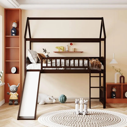 Twin Size Loft Bed with Slide, House Shaped Solid Pine Wood Frame w/Safety Guardrail & Ladder, No Box Spring Needed, Save Space