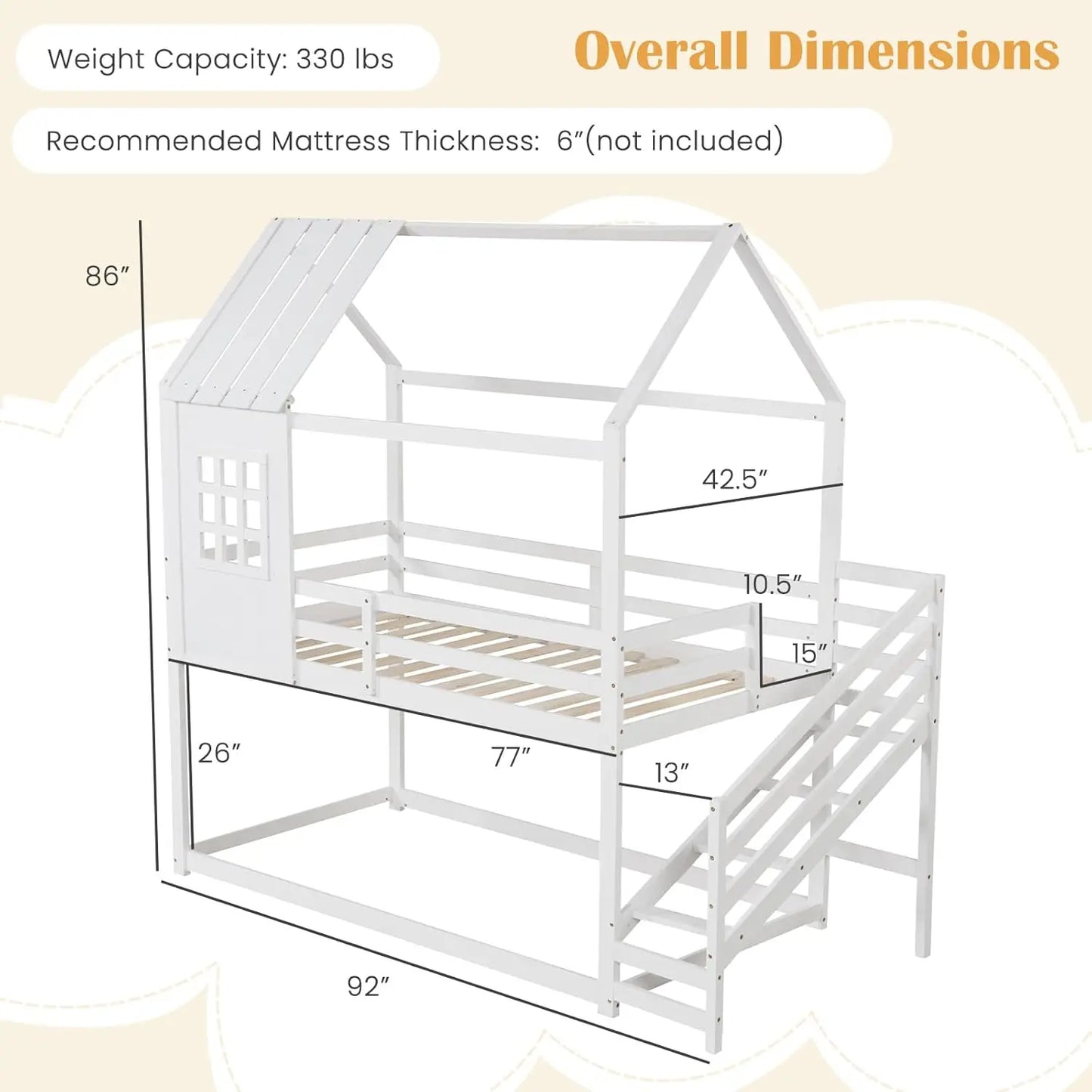 Literas gemelas con escaleras, cama tipo casa en el piso con techo y ventana, barandillas y escalones a lo largo, cama tipo casa que ahorra espacio para niños, color blanco