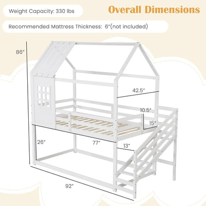 Literas gemelas con escaleras, cama tipo casa en el piso con techo y ventana, barandillas y escalones a lo largo, cama tipo casa que ahorra espacio para niños, color blanco