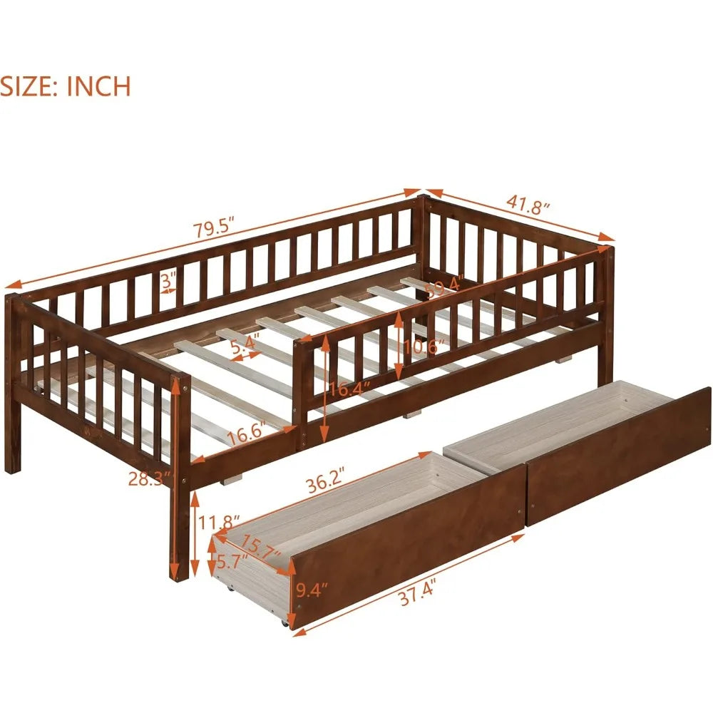 Twin Size Daybed with Two Drawers, Wood Kids Twin Platform Bed Frame with Storage and Rails, No Box Spring Needed, Easy Assembly