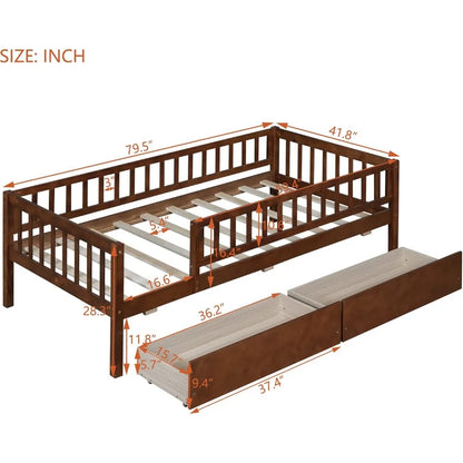 Cama de día tamaño twin con dos cajones, estructura de cama de madera para niños con plataforma doble, espacio de almacenaje y rieles, no necesita somier, fácil montaje