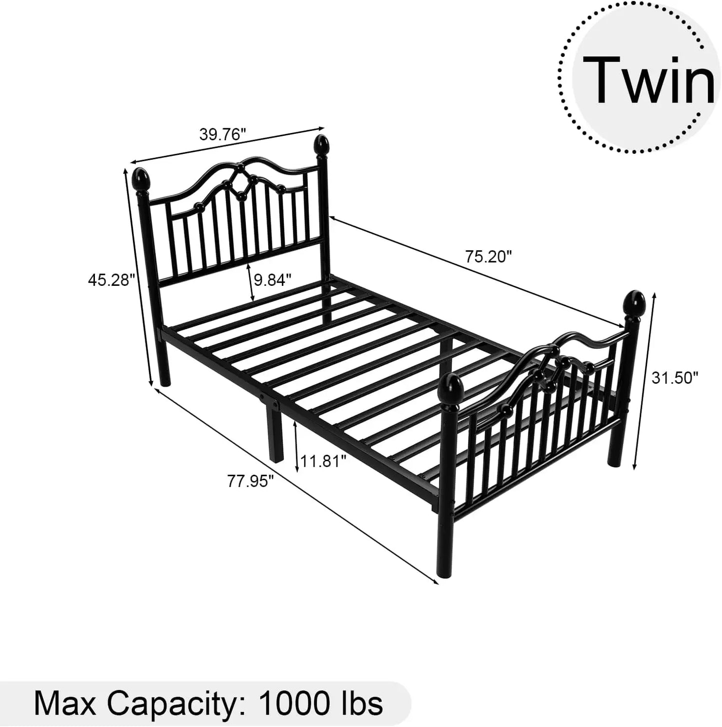 Marco de cama doble con cabecero y plataforma de metal moderna para niños, soporta hasta , sin somier