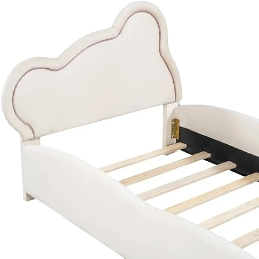 Marco de cama tapizado Merax tamaño twin para niños, cama de plataforma de terciopelo con cabecera en forma de oso y bolsillo en el extremo de la cama, beige