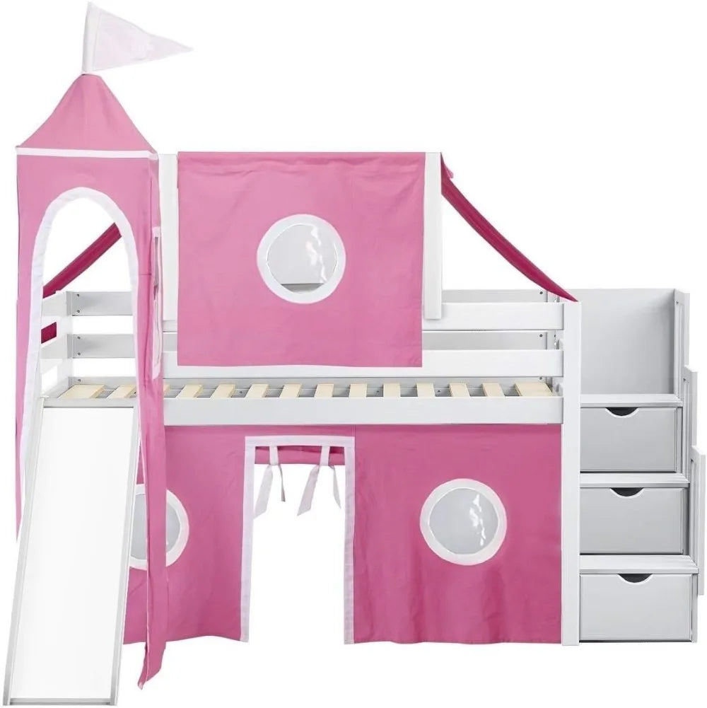 Cama tipo loft estilo princesa con escalera y tobogán, color rosa y blanco, y cama tipo loft tipo torre, tamaño twin, recomendada para niños de 6 años en adelante