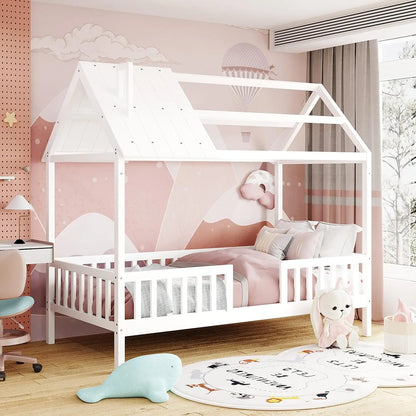 Cama doble tipo casa para niños, estructura de cama doble de madera con forma de casa, plataforma de cama con ventanas de techo y barandillas de seguridad de longitud completa