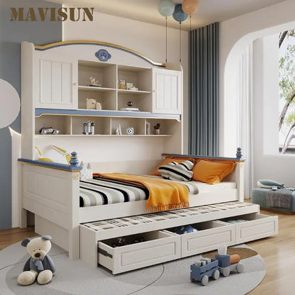 Cama de madera maciza para niños con estantes Dormitorio para niños de 5 a 8 años Armario de tres cajones Cama multifuncional estable para niños