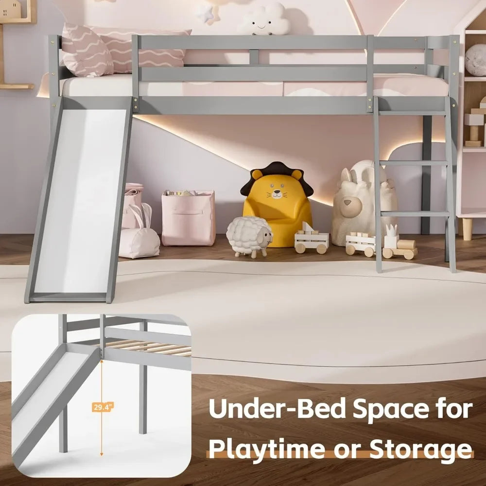 Low Loft Bed with Slide, Wood Twin Loft Bed Frame with Climbing Ladder & Storage Space for Kids Toddler