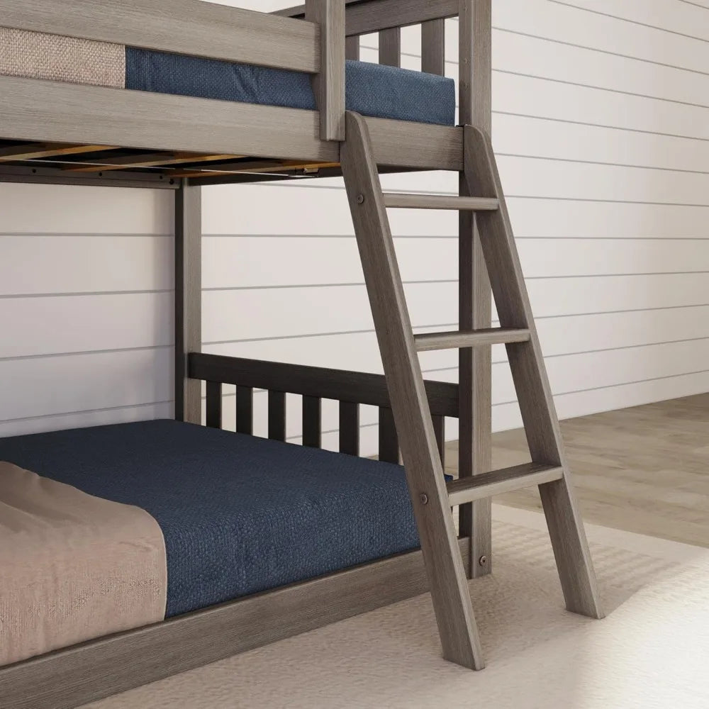 Litera baja doble, estructura de cama moderna de madera maciza para niños con listones de madera resistentes, acabados no tóxicos, gran capacidad de peso, color blanco