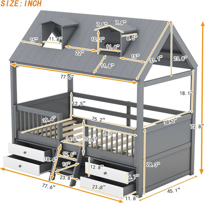 Cama de madera tamaño twin con cerca de largo completo y 4 cajones de almacenamiento, cama tipo carpa para juegos de niños con techo y escalera de 2 escalones