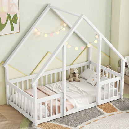 Lit double en bois en forme de maison avec clôture, garde-corps Blanc Enfants Adolescents Adultes Conception peu encombrante Pleine longueur